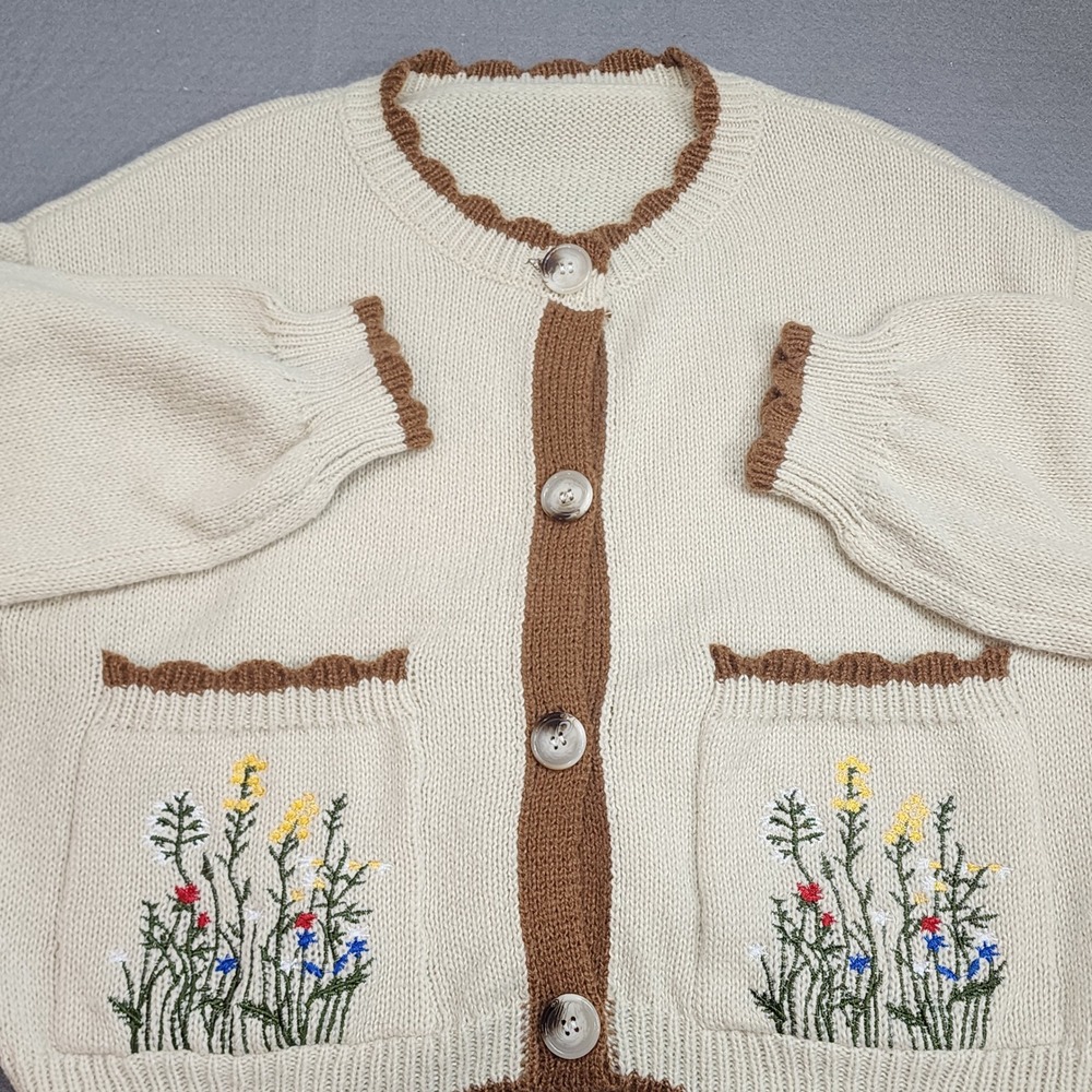 Romwe Cardigan Sweater Cream Brown Floral Embroidered Scalloped Womens XS US 2